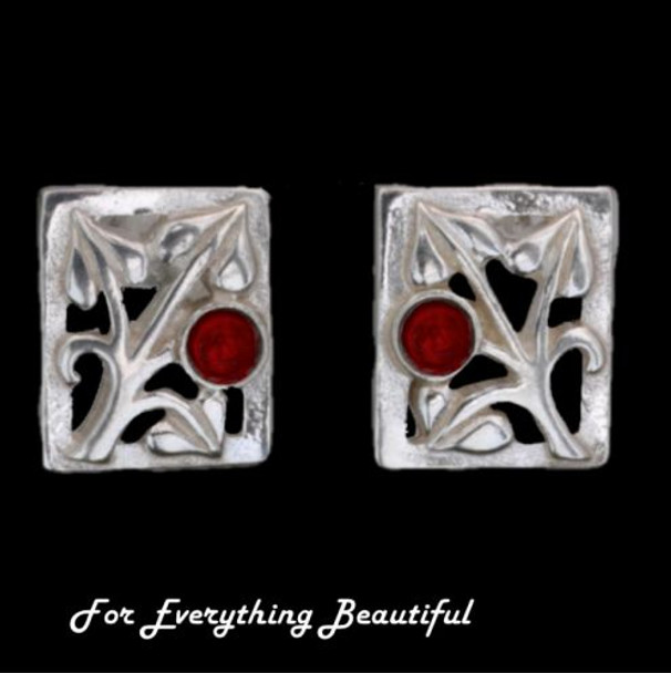 Glasgow Girls Art Nouveau Square Motif Garnet Sterling Silver Stud Earrings