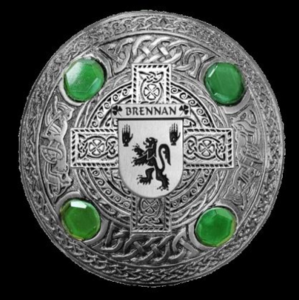 Brennan Irish Coat Of Arms Celtic Round Green Stones Silver Plaid Brooch