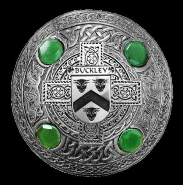 Buckley Irish Coat Of Arms Celtic Round Green Stones Silver Plaid Brooch