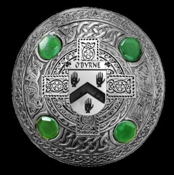OByrne Irish Coat Of Arms Celtic Round Green Stones Silver Plaid Brooch