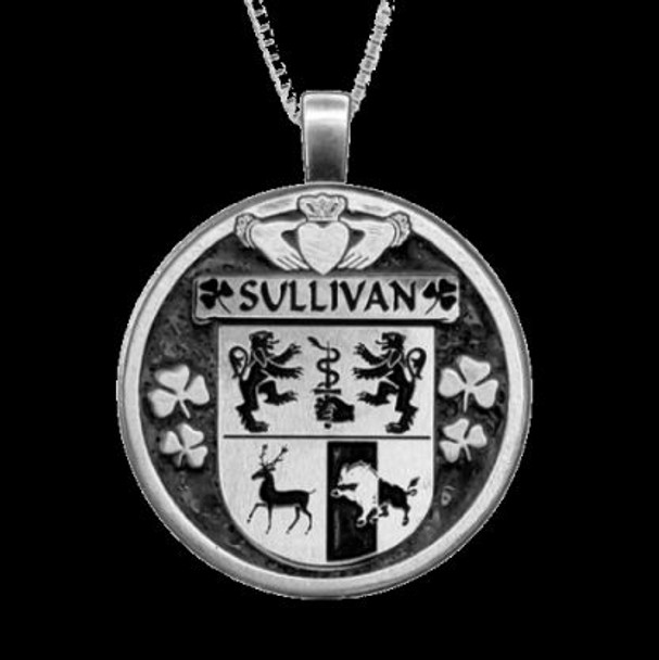 Sullivan Irish Coat Of Arms Claddagh Round Silver Family Crest Pendant