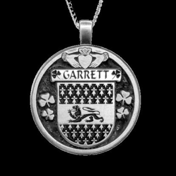 Garrett Irish Coat Of Arms Claddagh Round Silver Family Crest Pendant