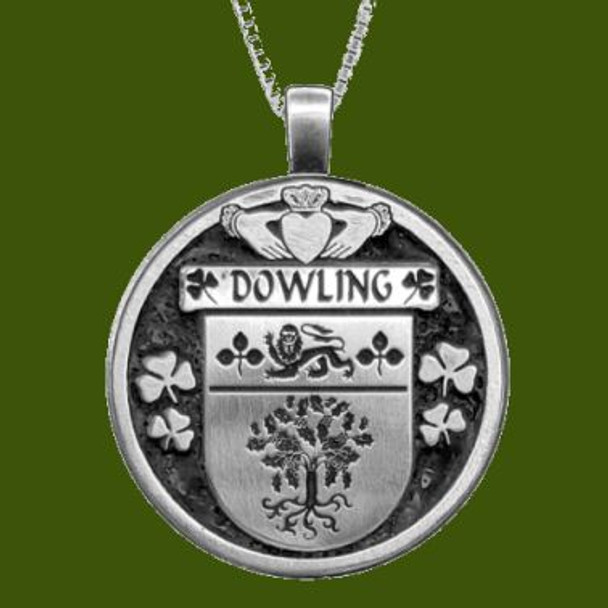 Dowling Irish Coat Of Arms Claddagh Round Pewter Family Crest Pendant