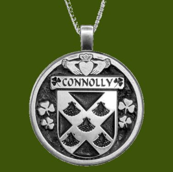 Connolly Irish Coat Of Arms Claddagh Round Pewter Family Crest Pendant