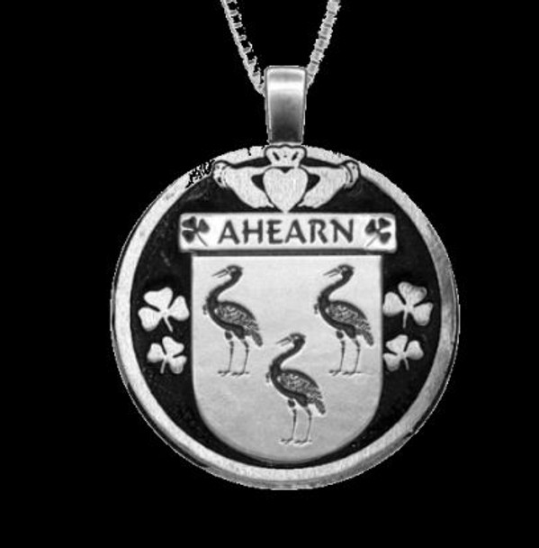 Ahearn Irish Coat Of Arms Claddagh Round Silver Family Crest Pendant