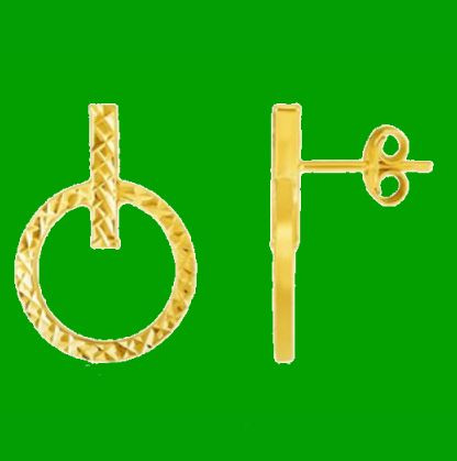 14K Yellow Gold Textured Circle And Bar Post Earrings 