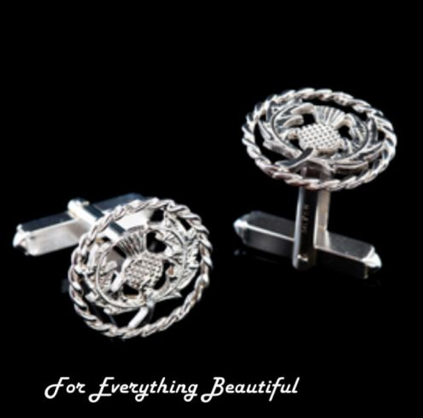 Scotland Thistle Circular Twist Mens Sterling Silver Cufflinks