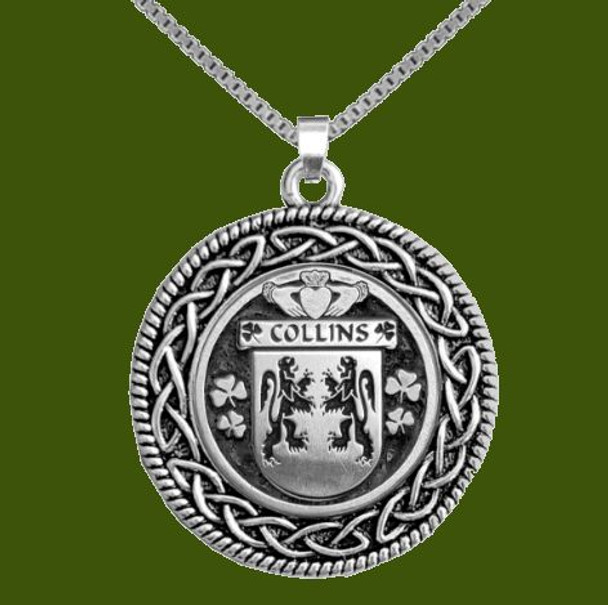 Collins Irish Coat Of Arms Interlace Round Pewter Family Crest Pendant