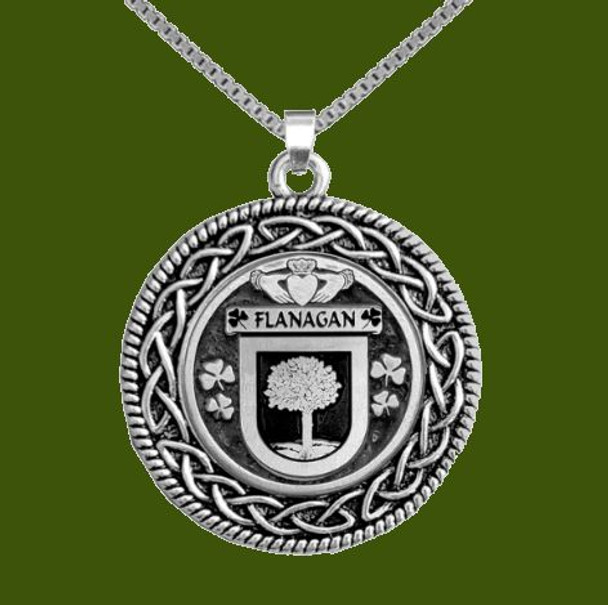 Flanagan Irish Coat Of Arms Interlace Round Pewter Family Crest Pendant