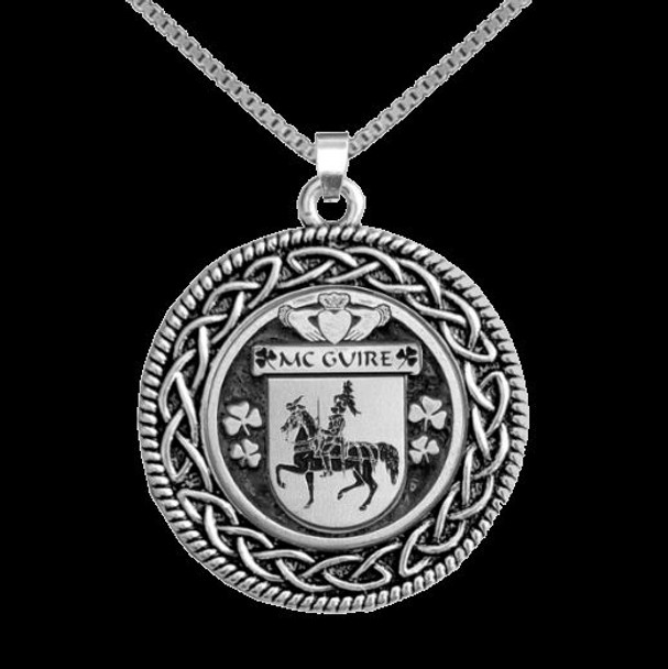 McGuire Irish Coat Of Arms Interlace Round Silver Family Crest Pendant