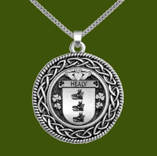 Healy Irish Coat Of Arms Interlace Round Pewter Family Crest Pendant
