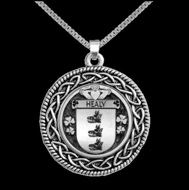 Healy Irish Coat Of Arms Interlace Round Silver Family Crest Pendant