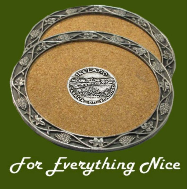 Carrick On Shannon Ireland Themed Cork Wine Stylish Pewter Edge Coasters Set of 2