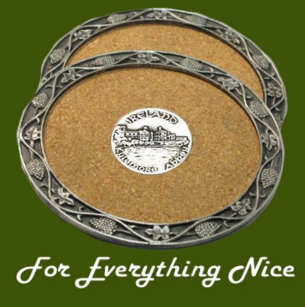 Kylemore Abbey Ireland Themed Cork Wine Stylish Pewter Edge Coasters Set of 4