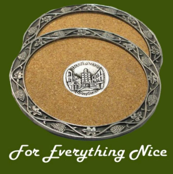 Youghal County Cork Ireland Themed Cork Wine Stylish Pewter Edge Coasters Set of 2