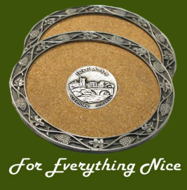 Lismore Castle Ireland Themed Cork Wine Stylish Pewter Edge Coasters Set of 2