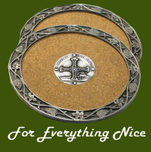 Holy Island Ireland Themed Cork Wine Stylish Pewter Edge Coasters Set of 4