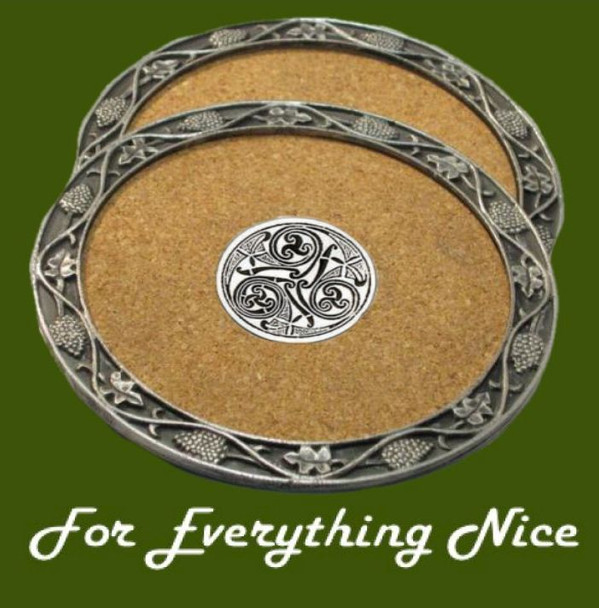 Celtic Spiral Knotwork Ireland Themed Cork Wine Stylish Pewter Edge Coasters Set of 4