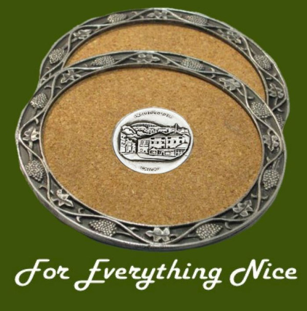 Oban Scotland Themed Cork Wine Stylish Pewter Edge Coasters Set of 2