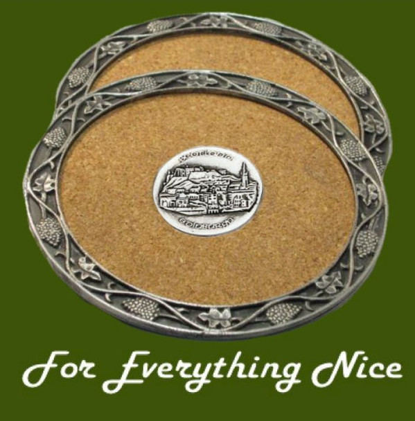 Edinburgh Scotland Themed Cork Wine Stylish Pewter Edge Coasters Set of 4