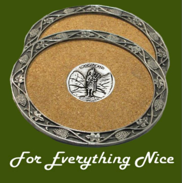 Marching Piper Themed Cork Wine Stylish Pewter Edge Coasters Set of 2