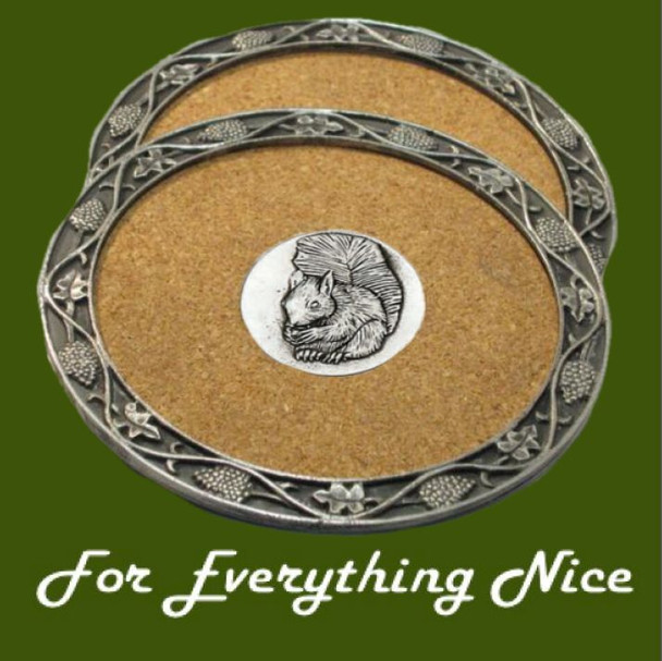 Squirrel Animal Themed Cork Wine Stylish Pewter Edge Coasters Set of 4