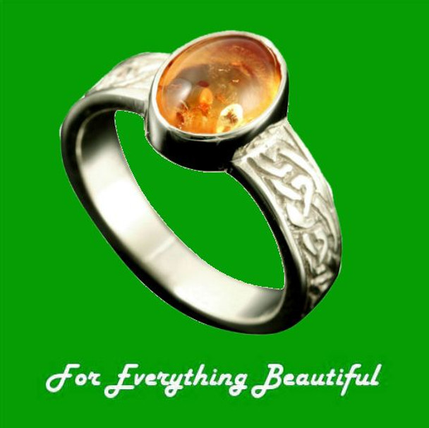 Uyea Celtic Knot Oval Amber Ladies Palladium Band Ring Sizes R-Z