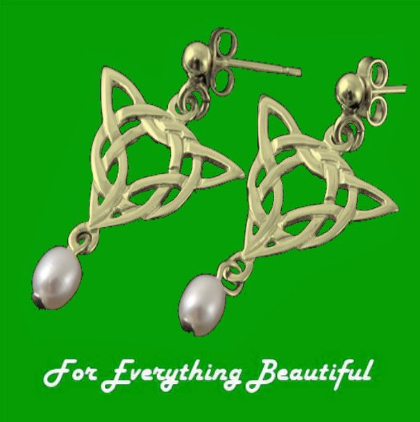 Celtic Knotwork Triangular Motif Freshwater Pearl 9K Yellow Gold Earrings