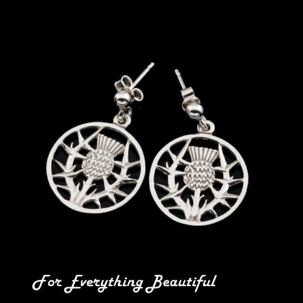 Thistle Wire Design Floral Emblem Circular Small Sterling Silver Earrings