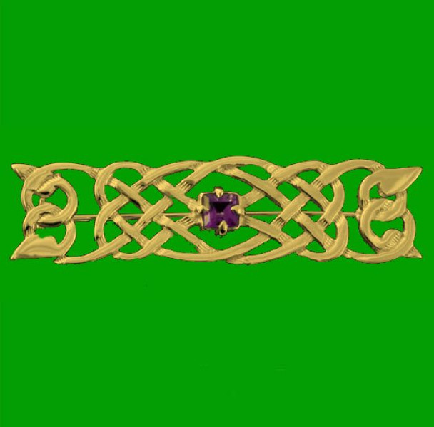 Celtic Knotwork Amethyst Bar Design 9K Yellow Gold Brooch