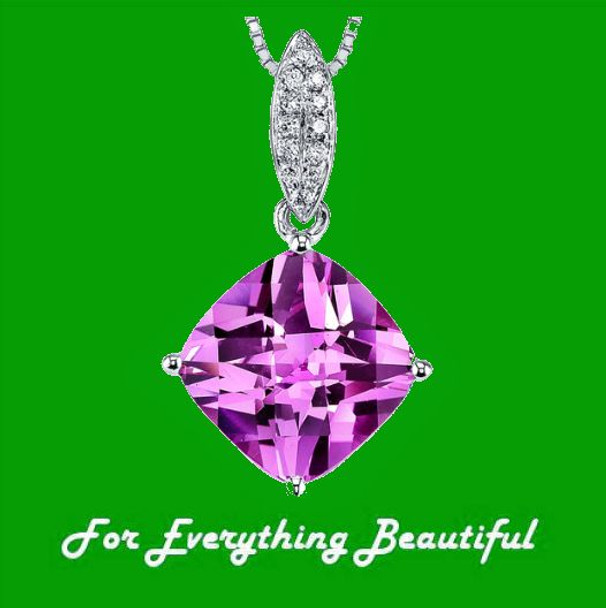 Pink Sapphire Cushion Cut Diamond Detail 14K White Gold Pendant