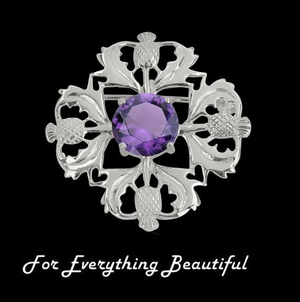 Scottish Thistle Purple Amethyst Floral Emblem Design Sterling Silver Brooch