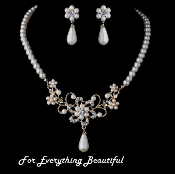 Ivory Pearl Rhinestone Floral Gold Plated Wedding Necklace Earrings Bridal Set Ivory Pearl Rhinestone Floral Gold Plated Wedding Necklace Earrings Bridal Set