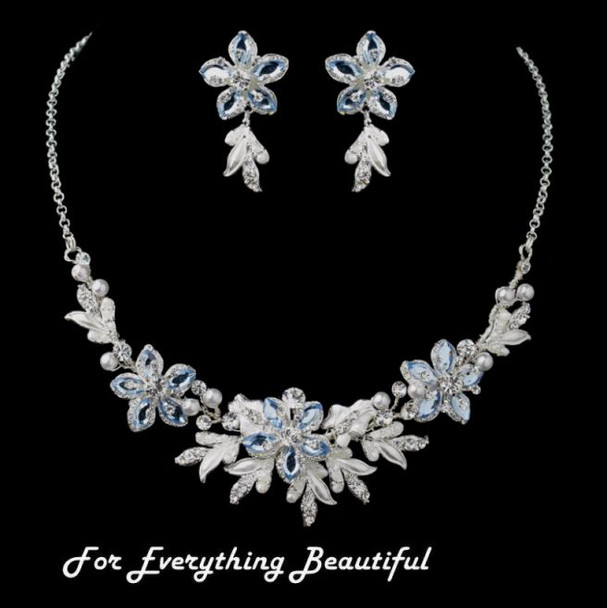 Silver Blue Accent Floral Pearl Leaves Wedding Necklace Earrings Bridal Set Silver Blue Accent Floral Pearl Leaves Wedding Necklace Earrings Bridal Set