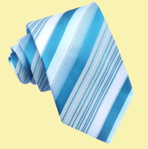Turquoise Blue White Diagonal Stripes Formal Wedding Straight Mens Neck Tie