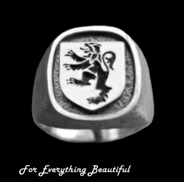 Rampant Lion Engraved Inlet Sterling Silver Mens Ring