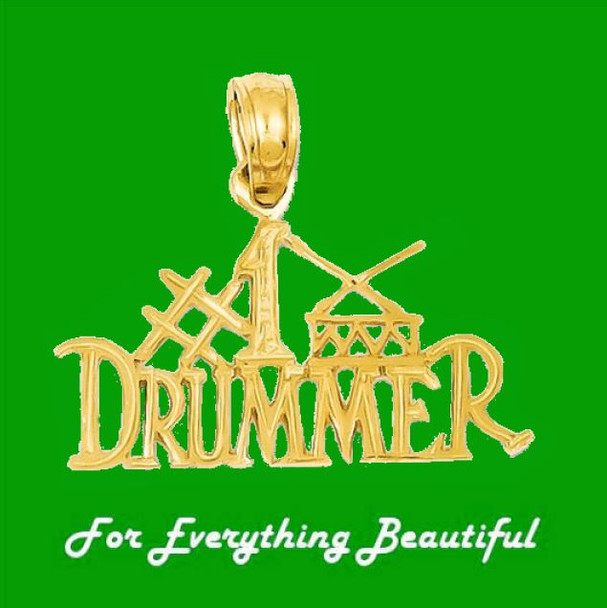 1 Drummer Script Musical Small 14K Yellow Gold Pendant Charm