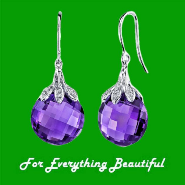 Purple Amethyst Checkerboard Ball Diamond Hook 14K White Gold Earrings Purple Amethyst Checkerboard Ball Diamond Hook 14K White Gold Earrings