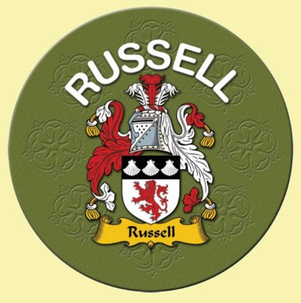 Russell Coat of Arms Cork Round English Family Name Coasters Set of 4