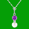 Purple Amethyst Round White Pearl Drop 14K White Gold Pendant