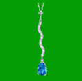 Blue Topaz Pear Inlaid Diamond Twist Long Drop 14K White Gold Pendant