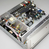 Parasound Halo JC 2 BP Preamplifier with Bypass, silver top view cover removed, internal components  angled view