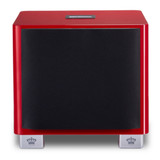 Front view with the speaker grill on of the red REL T9x subwoofer