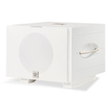 REL S550 10" Powered Subwoofer, piano white finish front angled view with included white cloth grille