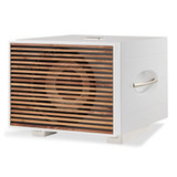 REL S850 12" Powered Subwoofer, piano white finish front angled view with optional premium wood grille