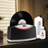 Knosti Disco-Antistat Ultrasonic Record Cleaning Machine in listening room with cleaning fluid