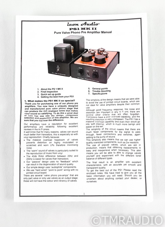 Icon PS1 MK II Pure Valve MM Phono Preamplifier; MK 2
