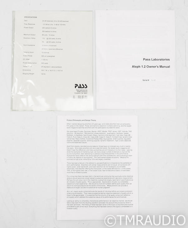 Pass Labs Aleph 1.2 Mono Power Amplifier; Black; Single