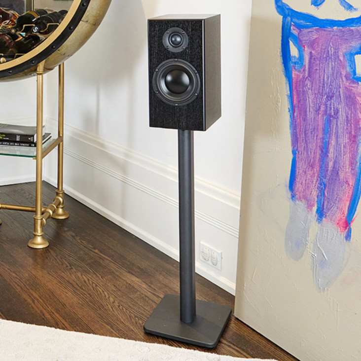 Totem Acoustic Bison Monitor Bookshelf Speakers, black ash lifestyle on stand