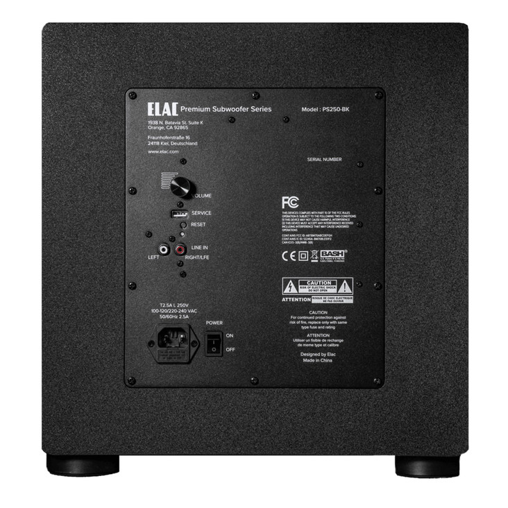 ELAC Varro PS250 10" Premium Powered Subwoofer rear view, inputs and outputs